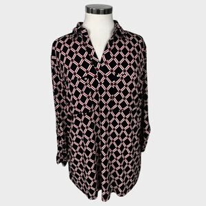 NY Collection PXL Black Red White Geometric Print Button Front Polyester Blend